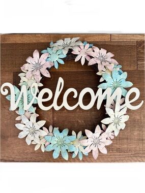 Spring Summer Welcome Wreath Pastel Metal Flowers Door Porch Patio Sign 18 inch